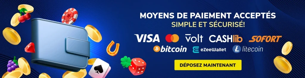 Moyens de paiement acceptés : Visa, Volt, Cashlib, Sofort, Bitcoin, eZeeWallet, Litecoin